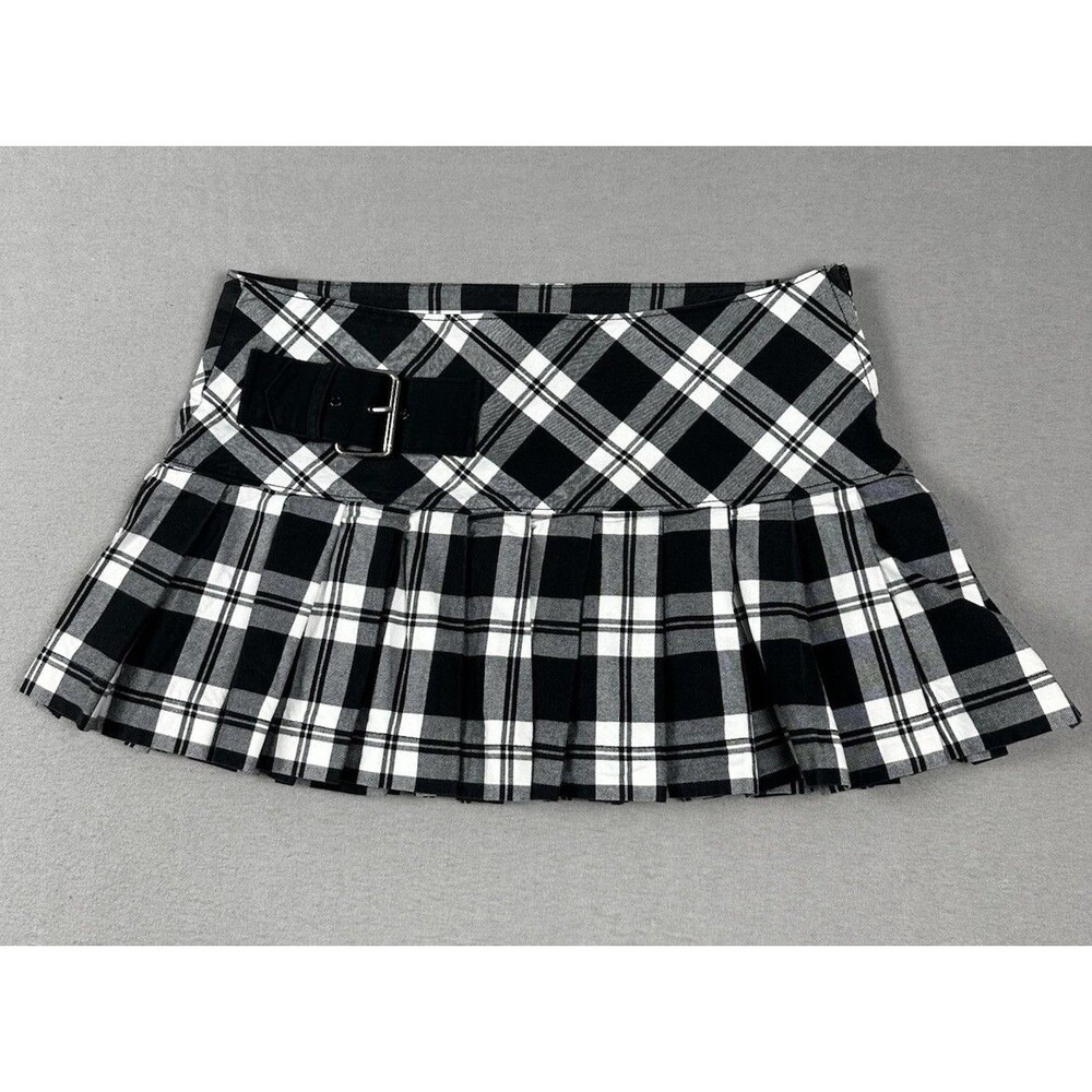 Plaid Pleated Mini Skirt Black White Buckle Sz L Y2K Punk Grunge